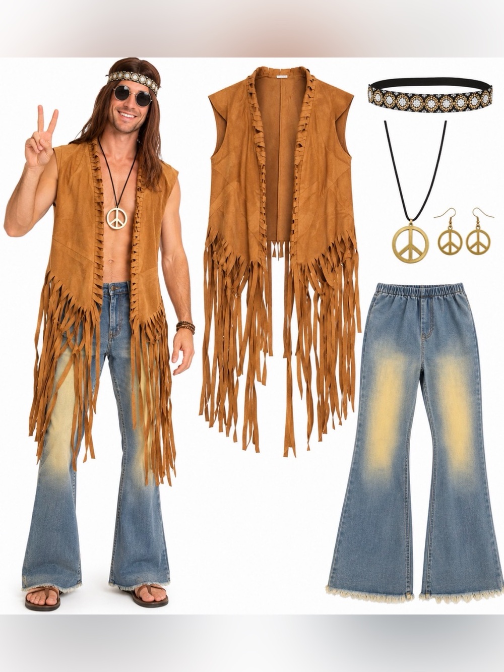 70s Hippie Halloween Costume Men’s Medium – Fringe Vest Bell Bottoms Peace Acces